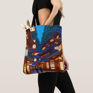 Small Japanese town street at night Tote Bag