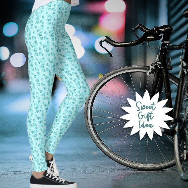 Small Linked Teal Hearts Pattern Over Pastel Green Leggings (Stay comfortable in these teal linked heart pattern leggings or gift it to someone special. )