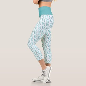 Small Linked Teal Hearts Pattern Over White Capri Leggings
