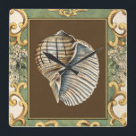 Small Mermaid's Shells Square Wall Clock<br><div class="desc">Charikilia Zarris is a talented artist know for her ocean artwork. Her images are peaceful and calm relaxing you with every picture. Get this nautical piece of artwork with a Conch Shell being the center of it all,  bordered with decorative and a beautiful floral pattern.</div>