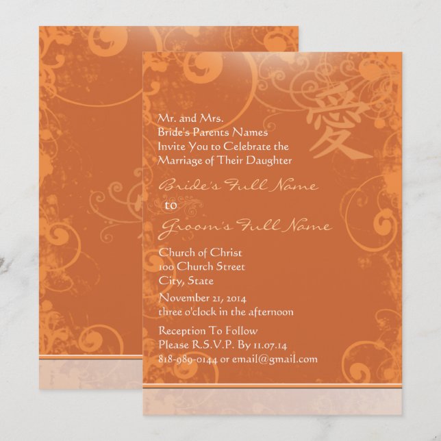 Small Mini Orange Kanji Love Swirl Wedding Invitation (Front/Back)