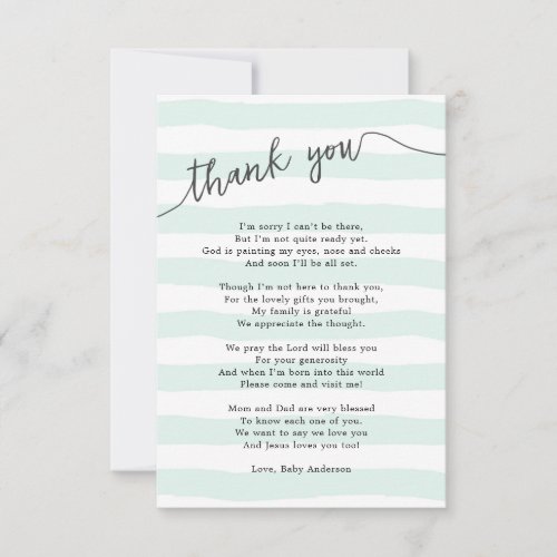 Small mint stripes neutral baby thank you card