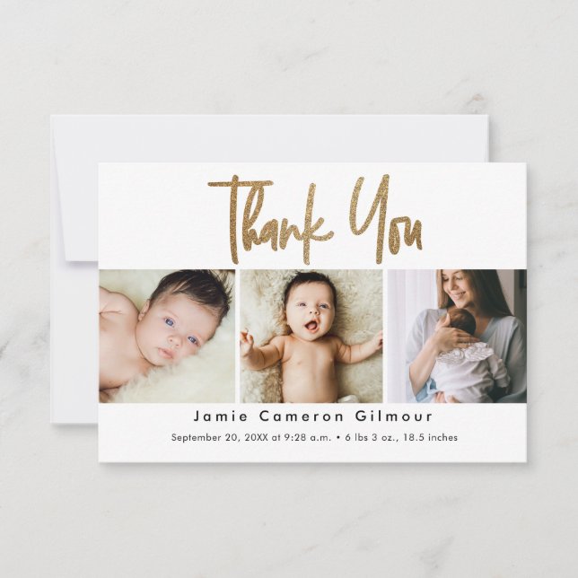 Small Modern Gold Script Custom 3 photo Baby Thank You Card (Front)