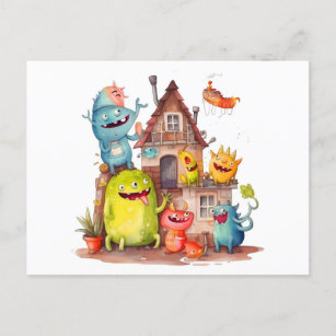 Small monsters build a house. inauguration party. postcard