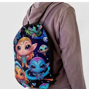 Small Multi-Coloured Aliens in Space Drawstring Bag