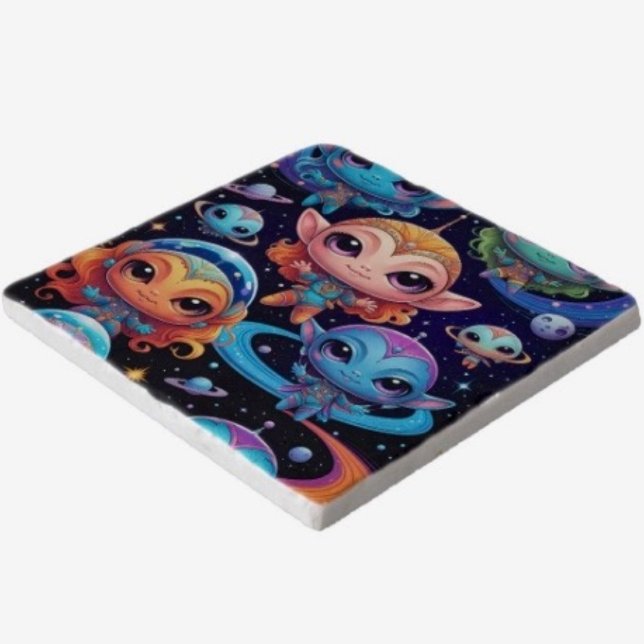Small Multi-Coloured Aliens in Space Trivet (Stone trivet. Dimensions: 6" x6" two types of stone. Cork backing scratch free. 
)
