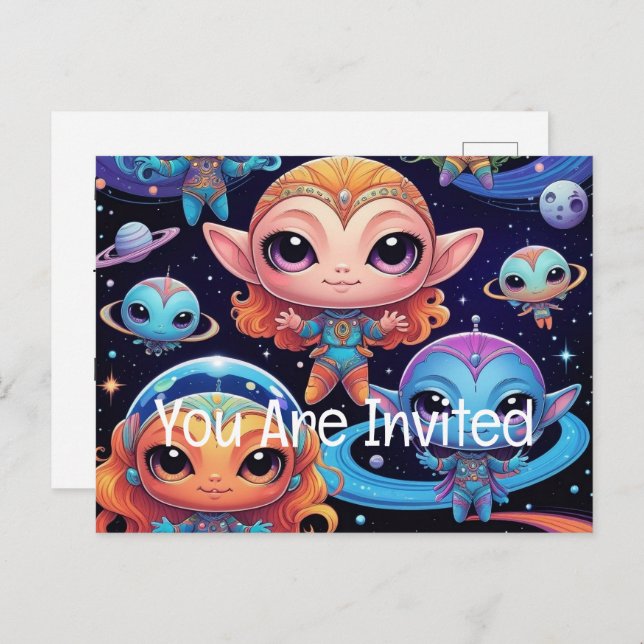 Small Multicolored Aliens in Space  Invitation Postcard (Front/Back)