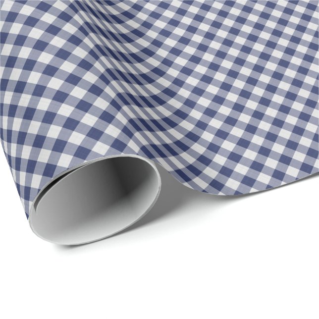 Small Navy Blue Gingham Checks Pattern Geometric Wrapping Paper (Roll Corner)