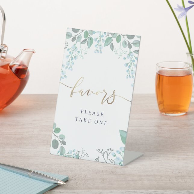 small pastel blue flowers favors pedestal sign (In SItu)