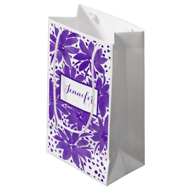 Small Personalized Floral Design  Purple Gift Bag (Front Angled)