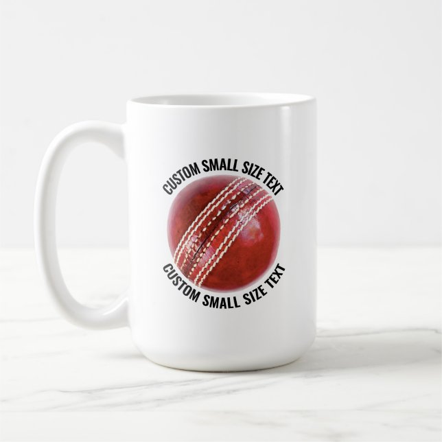 Small Personalized Text Cricket Ball 15 oz. Custom Coffee Mug (Left)