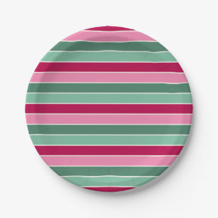 Small Pink and Green Christmas Stripes Paper Plates