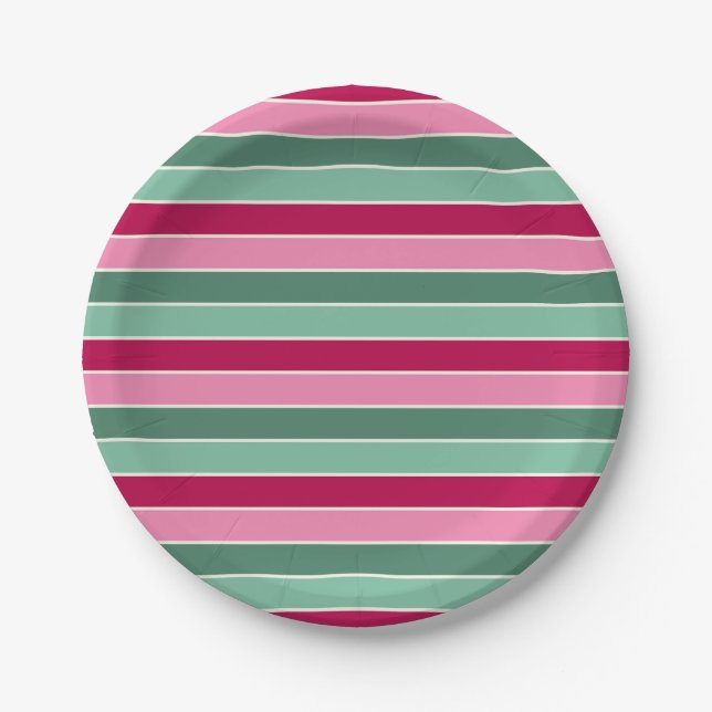 Small Pink and Green Christmas Stripes Paper Plates (Front)