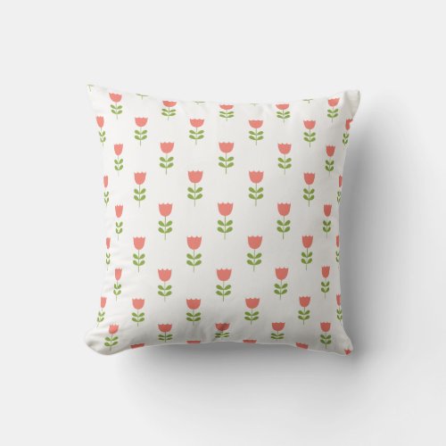Small Pink and Green Tulips on White Throw Pillow