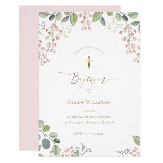 small pink flowers and greenery frame | Baptism Invitation | Zazzle.com