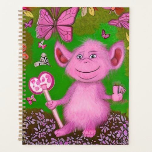 Small pink fluffy troll with butterflies planner