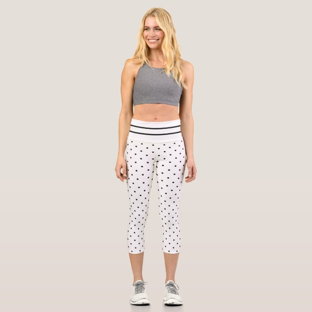 Small Polka Dot Black White With Stripes Capri Leg Leggings (Front)