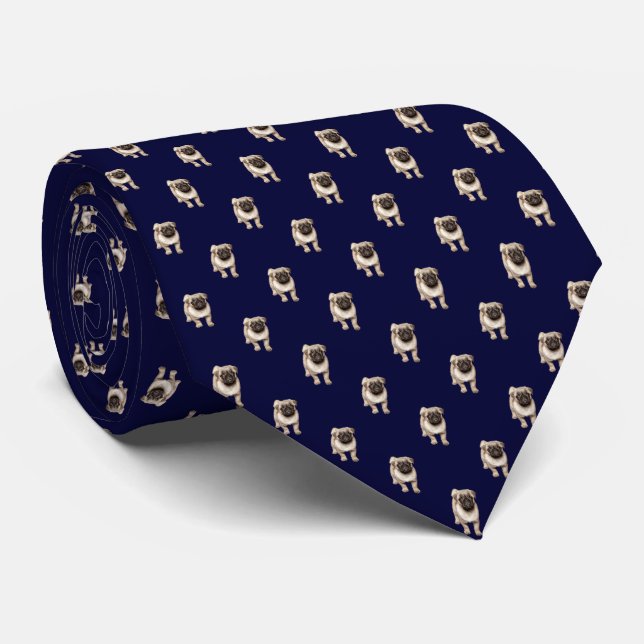 Small Pug Puppy Pattern on Dark Navy Blue Tie (Rolled)
