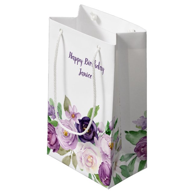 Small Purple and Lavender Roses Monogram Gift Bag (Front Angled)