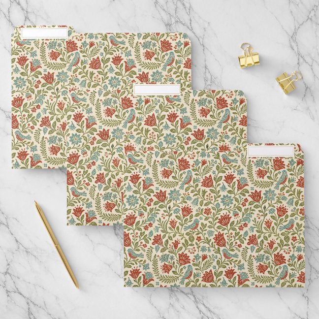 Small Red Ornamental Retro Floral Botanical File Folder