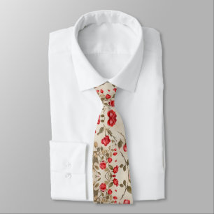 Small Red Tea Roses Cream Light Beige Neck Tie