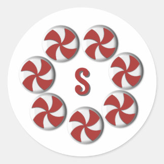 Small Red & White Peppermint Monogram Holiday Classic Round Sticker