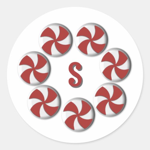 Small Red & White Peppermint Monogram Holiday Classic Round Sticker