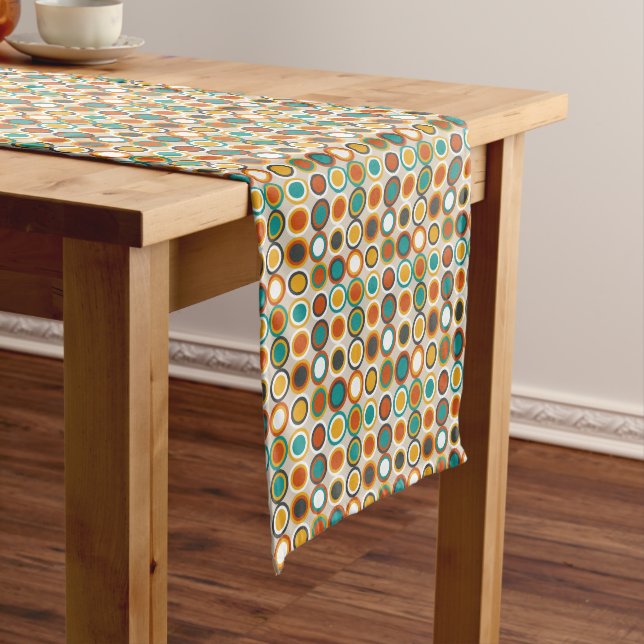 Small Retro Circles 1970s Orange Brown Teal Short Table Runner (In Situ)