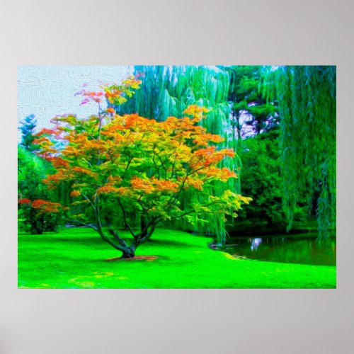 Small River Orange Blossom Tree And Green Grass Poster