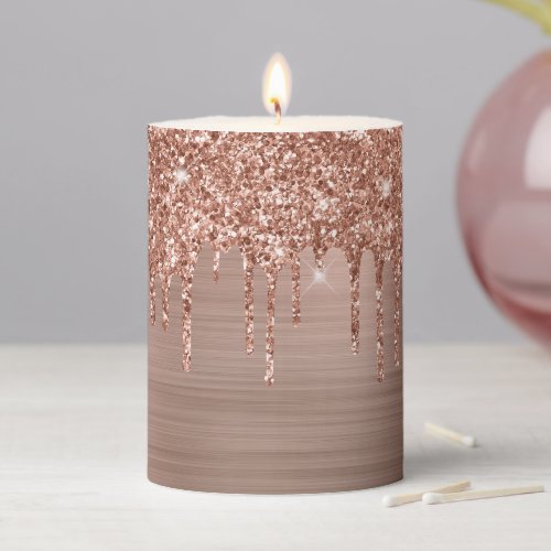 Small Rose Gold Glitter Drips and Foil Pillar Candle