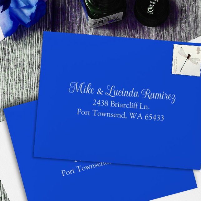 Small Royal Blue, Pre-addressed Quinceanera RSVP Envelope (elegant royal blue rsvp enclosure card envelope with address pre-printed)