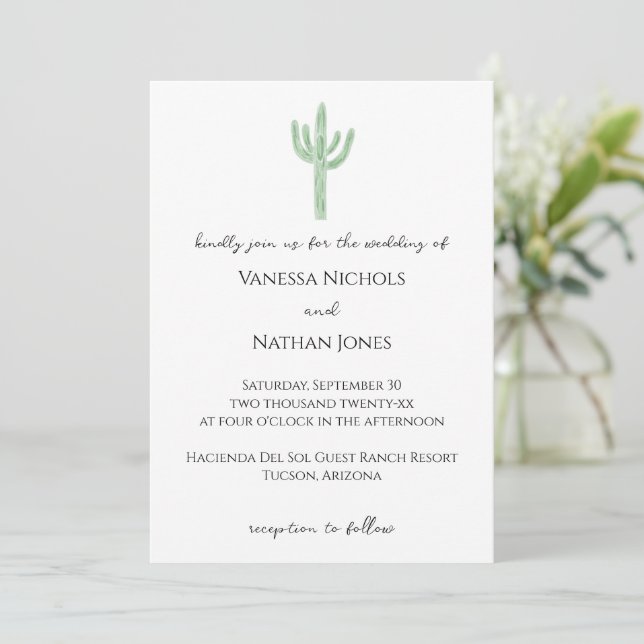 Small Sage Green Saguaro Cactus Wedding Invitation (Standing Front)