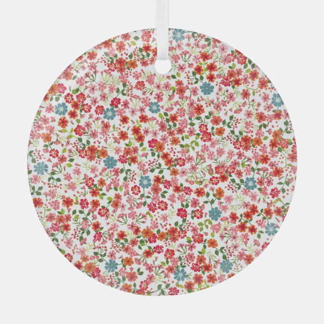 Small-scale flowers, calico style seamless backgro glass ornament (Front)