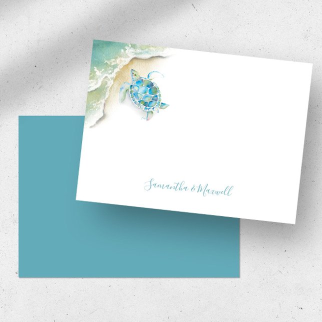 Small Sea Turtle Ocean Personalized Watercolor Note Card (Sea turtle notecard features unique watercolor art by Victoria Grigaliunas Do Tell A Belle)
