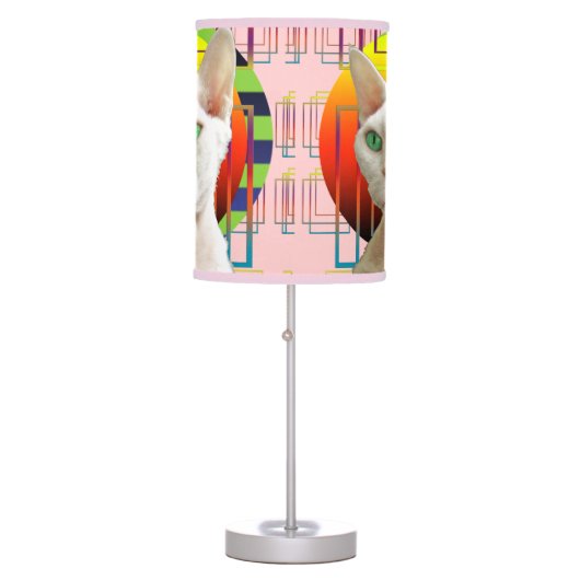 Small Shade | White Devon Rex Cat pastel pink Table Lamp (Front)