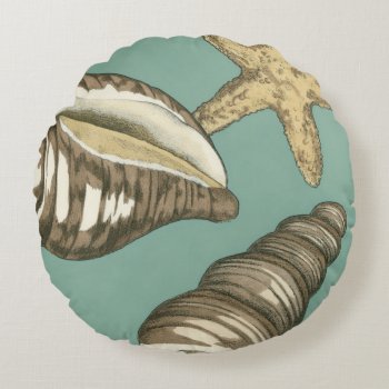 Small Shell Trio On Teal Round Pillow by worldartgroup at Zazzle