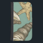 Small Shell Trio on Teal Phone Wallet<br><div class="desc">Megan Meagher is known for her simple art pieces. This image captures the simplicity of the seashore's treasures,  of a conch shells and a starfish. Meagher encompasses a teal background in her image to contrast these treasures. Get this fine art print today on your Zazzle product today.</div>