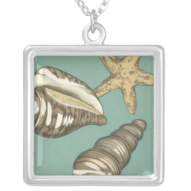 Small Shell Trio on Teal Silver Plated Necklace (Front)