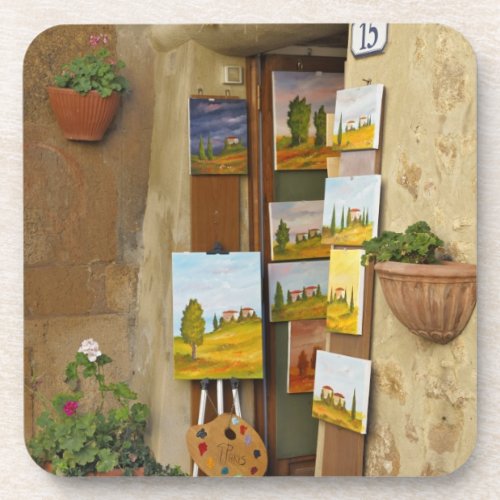 Small shope with artwork for sale on sidewalk coaster