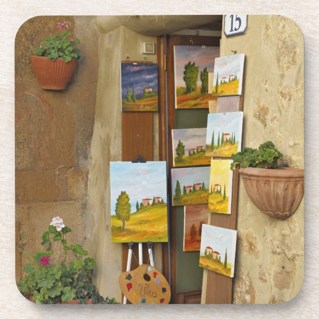 Small shope with artwork for sale on sidewalk coaster (Front)