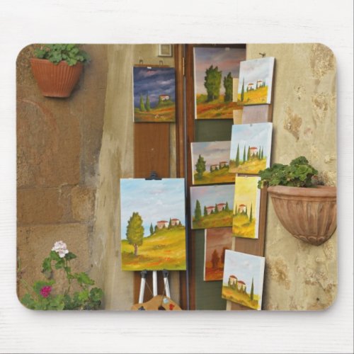 Small shope with artwork for sale on sidewalk mouse pad