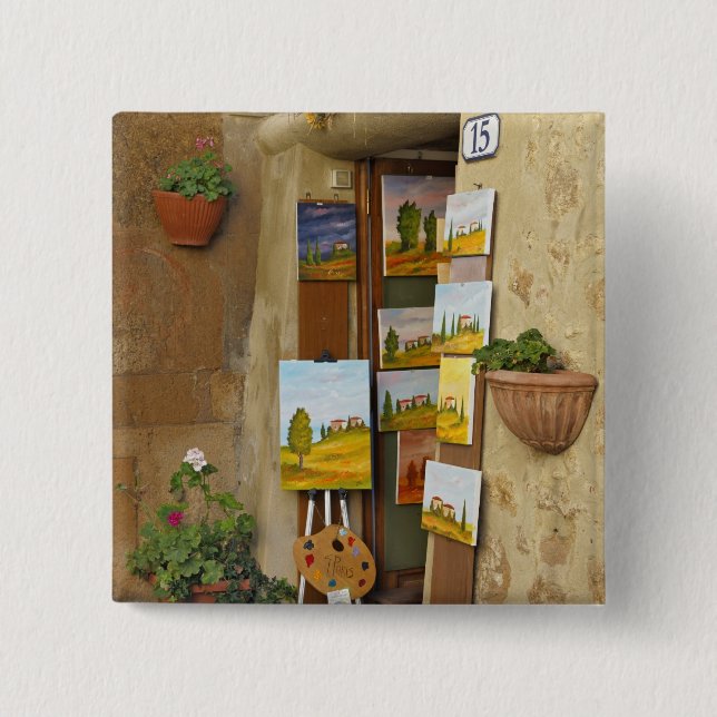 Small shope with artwork for sale on sidewalk pinback button (Front)