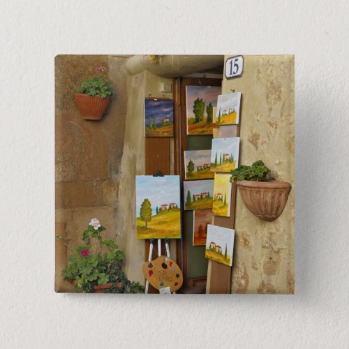 Small shope with artwork for sale on sidewalk pinback button