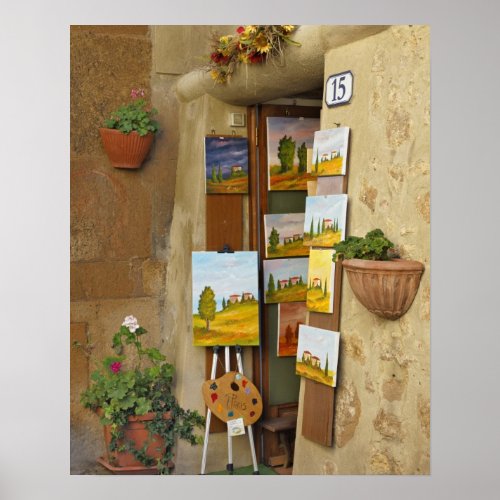 Small shope with artwork for sale on sidewalk poster