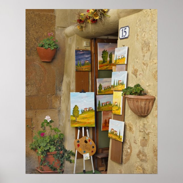 Small shope with artwork for sale on sidewalk poster (Front)