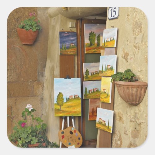 Small shope with artwork for sale on sidewalk square sticker