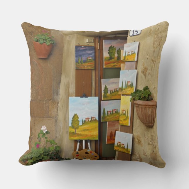 Small shope with artwork for sale on sidewalk throw pillow (Front)