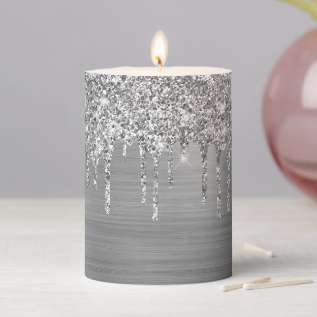 Small Silver Glitter Drips and Foil Pillar Candle (In Situ)