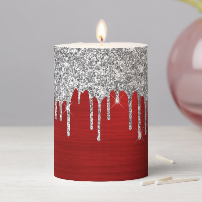 Small Silver Glitter Drips Red Foil Pillar Candle (In Situ)