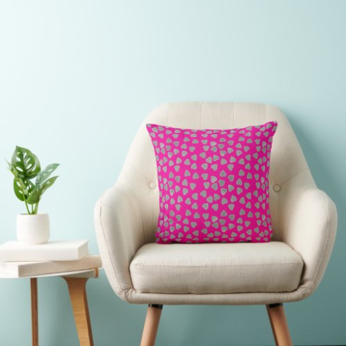 Small silver hearts on hot pink background throw pillow
